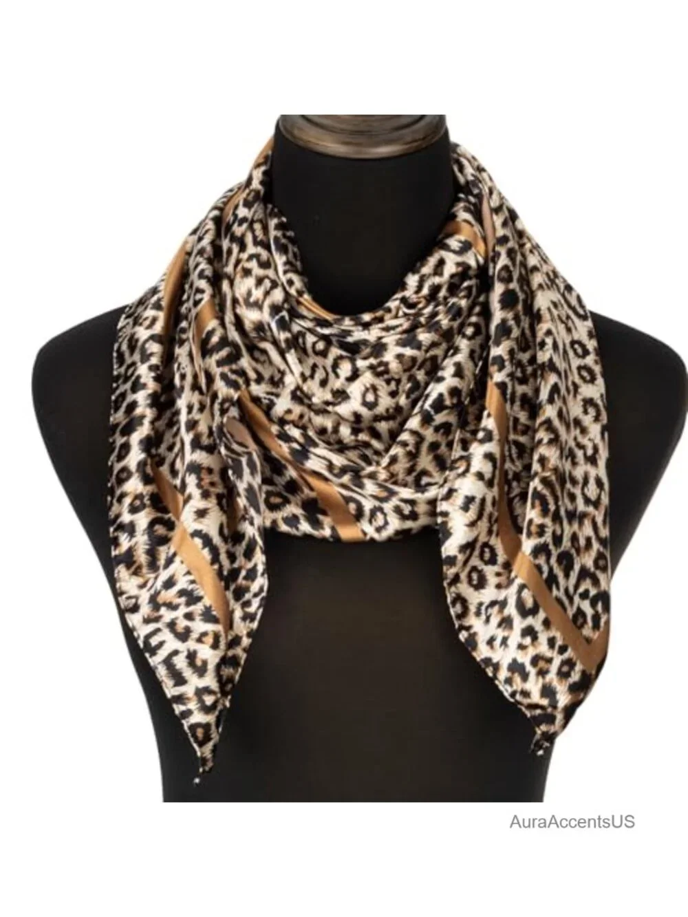 Large Square Fashion Scarf, Leopard Print Satin Feel, 35x35 in, Versatile Neck